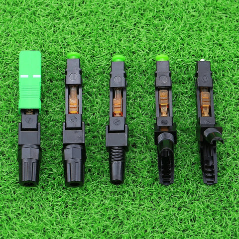 SC/APC fiber optic quick connectors set, 5 pcs, with green tips and black housings for CATV network