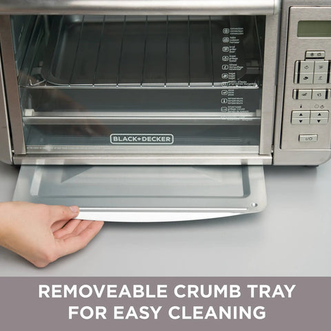 Removing crumb tray from Six Slice Digital Convection Countertop Toaster Oven With Stainless Steel Finish, 120 Minute Timer And Auto Shutoff