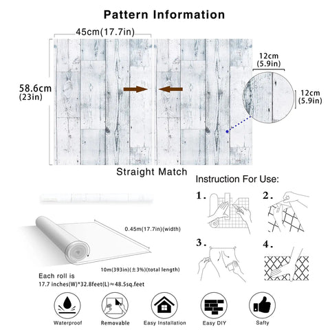 Instructional diagram for DIY Ready Peel And Stick Shiplap Wallpaper In Light Grey White Distressed Wood Plank Look with specs.