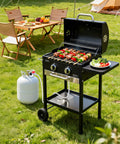 Gas grill with 5 Foot Braided Propane Hose Adapter With Adjustable Regulator 0 To 20 Psi, QCC1 Male Fitting And 3/8 Inch Female
