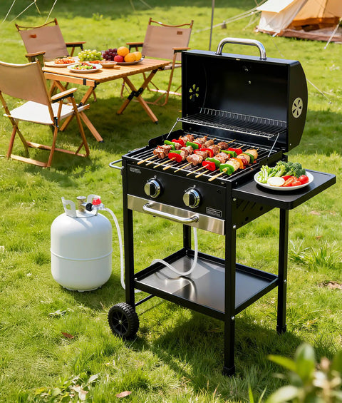 Gas grill with 5 Foot Braided Propane Hose Adapter With Adjustable Regulator 0 To 20 Psi, QCC1 Male Fitting And 3/8 Inch Female