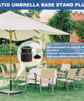 Patio scene with umbrella stand featuring Six Piece Patio Umbrella Base Hardware Kit Black Ring Plugs Hole Covers.