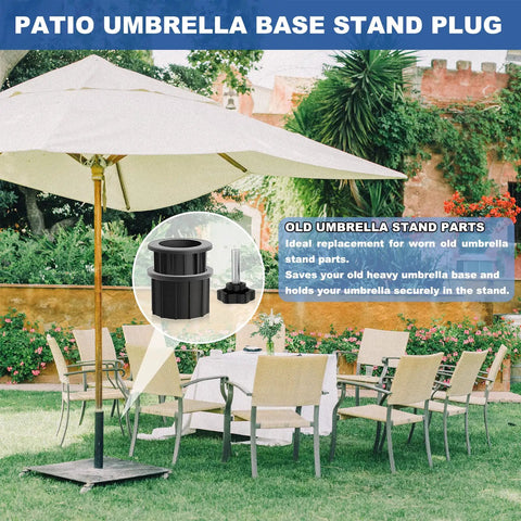 Patio scene with umbrella stand featuring Six Piece Patio Umbrella Base Hardware Kit Black Ring Plugs Hole Covers.