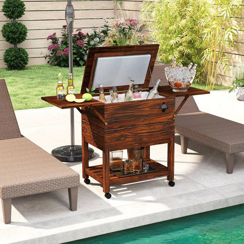 Wooden Patio Cooler Cart With 54 Quart Capacity Rolling Beverage Bar On Wheels With Bottle Opener Drain Plug And Locking Wheels Perfect For Poolside Backyards Parties And BBQs, shown by a pool with open lid.
