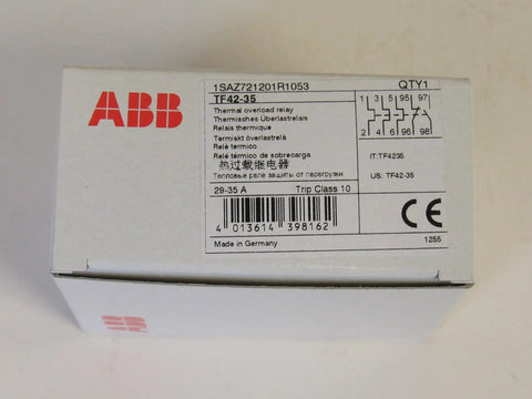 Box of TF42-35 29 To 35 Amp IEC Overload Relay For AF Series Contactors, showing specifications and ABB logo.