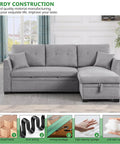 Straight Up Comfy 82 Inch Sectional Sofa Bed With Hidden Storage Chaise Drawer And Easy Pull Out Sleeper Frame Tailored For Studio Apartments Or Tight Rooms, grey fabric, sturdy construction, with decorative nailhead trim.