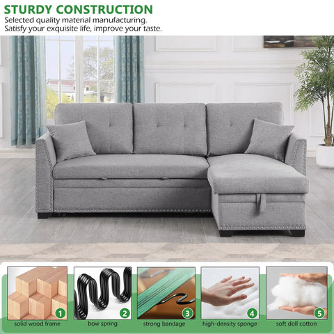 Straight Up Comfy 82 Inch Sectional Sofa Bed With Hidden Storage Chaise Drawer And Easy Pull Out Sleeper Frame Tailored For Studio Apartments Or Tight Rooms, grey fabric, sturdy construction, with decorative nailhead trim.