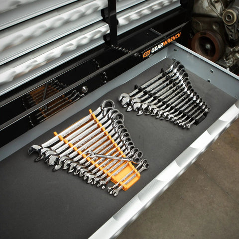 30 Piece 12 Point Ratcheting Wrench Set SAE And Metric 1/4 To 1 Inch And 8-24 mm in wrench racks on a toolbench