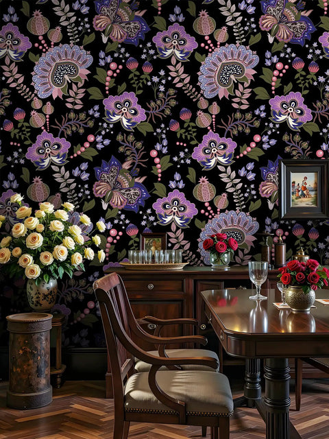 Boho Floral Peel And Stick Removable Wallpaper For Bedroom And Bathroom Renter Friendly Cabinet Decor Contact Paper 17.7 In By 118 In Easy Install Durable Thickened Design in dining room with floral pattern.