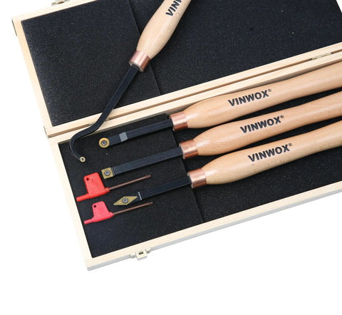 Pro Grade Carbide Wood Lathe Turning Tool Set 13.5 Inch Four Piece in case. Includes swan neck, rougher, finisher, detailer with wood handles.