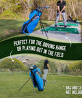 Workhorse Aluminum Golf Bag Stand Attachment With Slick Folding Legs That Anchors Your Cart Bag Firmly And Blocks Nasty Scratches While You Enjoy Smooth Playing Days Out On The Links Black in use at driving range.