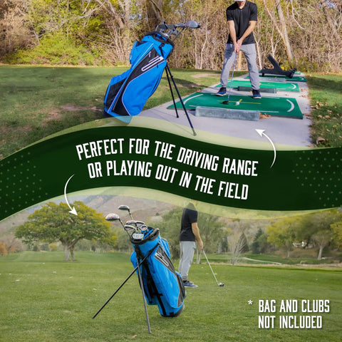 Workhorse Aluminum Golf Bag Stand Attachment With Slick Folding Legs That Anchors Your Cart Bag Firmly And Blocks Nasty Scratches While You Enjoy Smooth Playing Days Out On The Links Black in use at driving range.