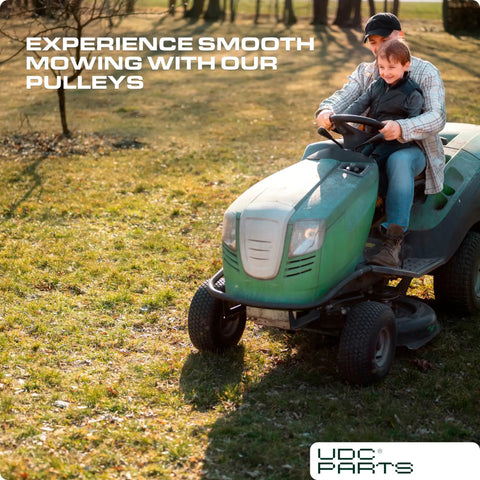 Parent and child mowing with lawn tractor using Beefy Replacement Idler Pulley For Lawn Tractors With 42 To 54 Inch Decks.