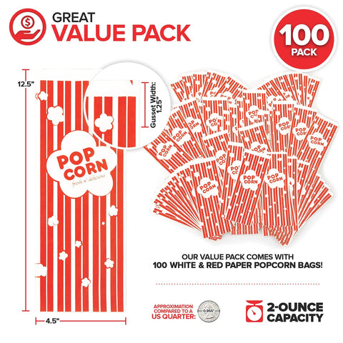 Large 2 Oz Red And White Paper Popcorn Bags Bulk 100 Pack Disposable Grease Resistant Bags For Carnival Party Vibes Image
