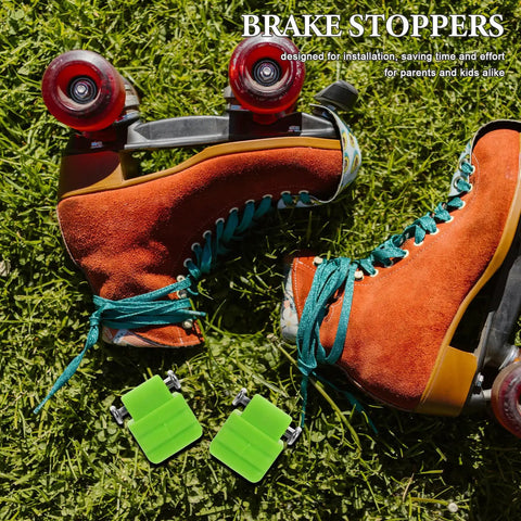 Roller Skate Brake Stoppers Toe Plugs With Screws, Green, on grass next to orange skates with teal laces