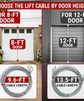Beefy Heavy Duty Garage Door Cable Kit For 8 Ft Doors 9.6 Ft Length Galvanized Carbon Steel Torsion Spring Wire shown with door height options