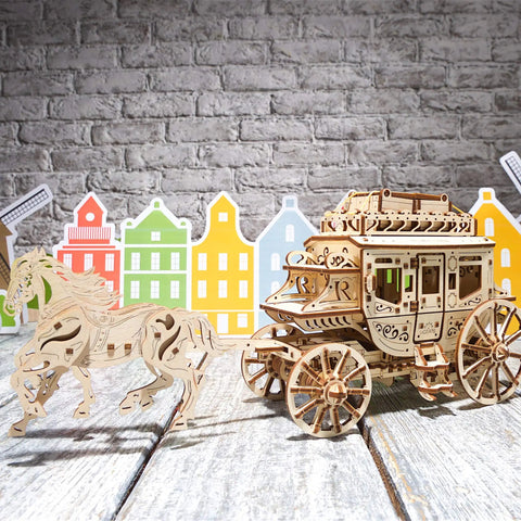 Wooden Stagecoach 3D Puzzle Construction Kit With Self Moving Gears Openable Cabin Doors And Detailed Mechanical Fun For Builders Of All Ages Perfect STEM Toy For Curious Kiddos And Grownups Who Love Hands On Gear Puzzles, wooden horse stagecoach