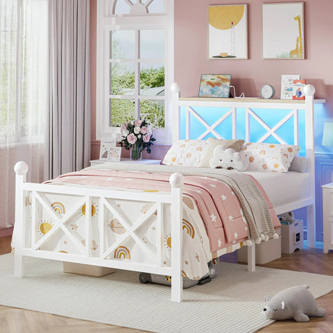 Next Level Twin White Bed Frame With Headboard And Footboard Featuring Built In Rgb Led Lights App Controlled Smart Bedroom Furniture For Ultimate Chill Vibes And Serious Glow Up in a cozy bedroom setting.