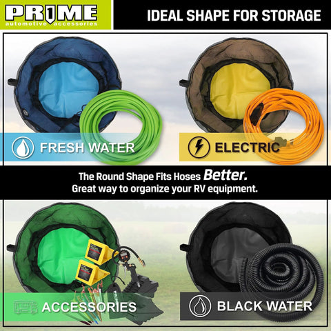 Image of a Four Pack Waterproof RV Hose Bags And Utility Storage Set with color-coded bags for hoses, cords, tools in RVs.