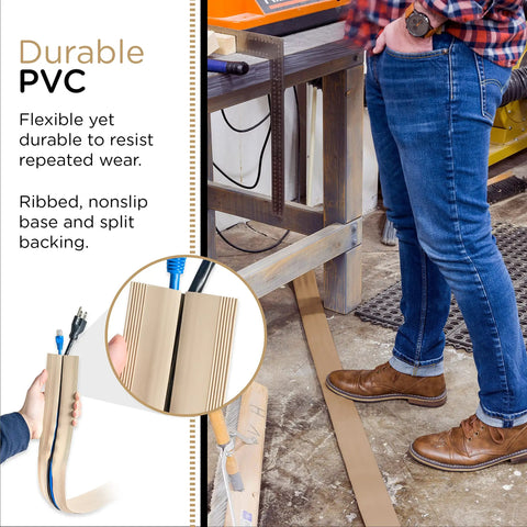 Person standing on 6Ft Floor Cord Cover Cable Protector for open floors, tan color, showing nonslip PVC material and low profile.