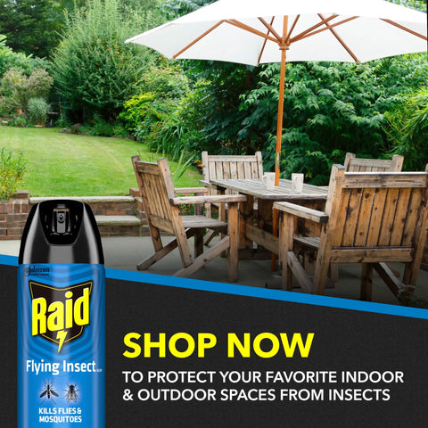 Flying Insect Killer Spray Indoor Outdoor Use 15 Oz Kills Flies Mosquitoes And Other Flying Insects On Contact With Outdoor Fresh Scent No Residual Odor And Works With Other Defense System Products shown on a patio with umbrella and wooden furniture.