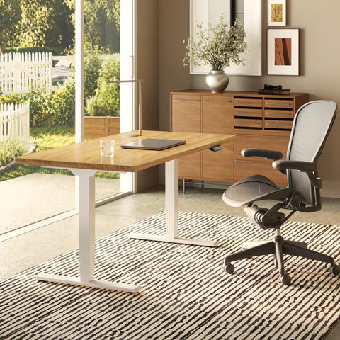 Top Shelf Solid White Oak Dual Motor Electric Standing Desk, Height Adjustable Ergonomic Office Table in modern workspace.