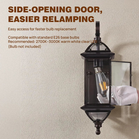 Solid Copper Dusk To Dawn Outdoor Wall Light With Clear Beveled Glass In Oil Rubbed Bronze, 18.5 Inch Wall Sconce E26 Base
