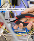 Pro Level Needle Nose Pliers Built Like A Tank With Tempered Steel Jaws For Tight Squeeze Tasks, red rubberized grip handles in use