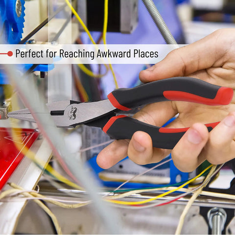 Pro Level Needle Nose Pliers Built Like A Tank With Tempered Steel Jaws For Tight Squeeze Tasks, red rubberized grip handles in use