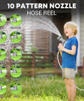 Child using Heavy Duty Retractable Garden Hose Reel With 100 Ft Of Half Inch Hose, demonstrating 10 pattern nozzle function.