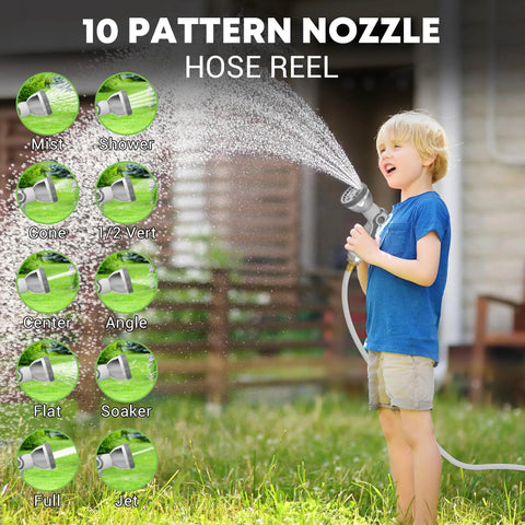 Child using Heavy Duty Retractable Garden Hose Reel With 100 Ft Of Half Inch Hose, demonstrating 10 pattern nozzle function.