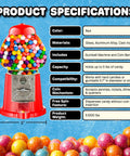 Killer Vintage Style Red Cast Metal 11 Inch Self Serve Gumball Candy Dispenser with colorful gumballs and specifications.