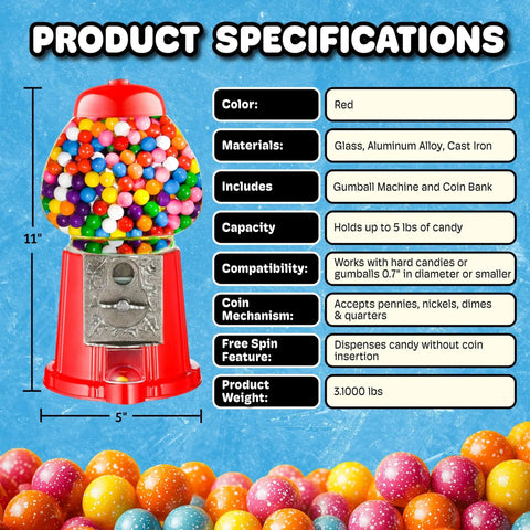 Killer Vintage Style Red Cast Metal 11 Inch Self Serve Gumball Candy Dispenser with colorful gumballs and specifications.