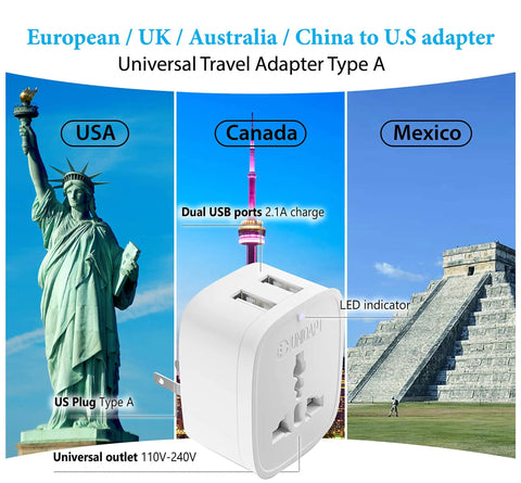 Must Have Travel Power Adapter With Two USB Ports And Main US Socket 3 In 1 Compact Wall Charger For EU Australia China UK