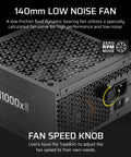 RM1000x Shift 2025 Fully Modular ATX Power Supply low noise fan and speed control knob with zero RPM mode