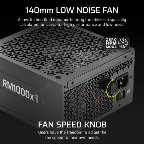 RM1000x Shift 2025 Fully Modular ATX Power Supply low noise fan and speed control knob with zero RPM mode