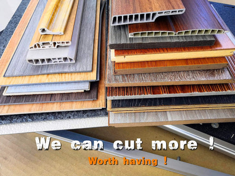 Various flooring samples ready for cutting with Pro Grade Floor Cutter For Laminate And Vinyl With Quick Install Kit.