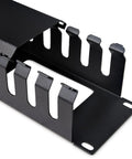 Horizontal 2U Server Rack Cable Management Finger Duct with cover for 19 inch network racks, slotted duct, angled view
