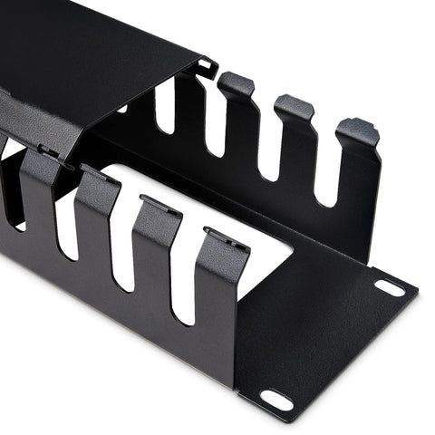 Horizontal 2U Server Rack Cable Management Finger Duct with cover for 19 inch network racks, slotted duct, angled view
