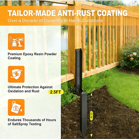 Two Pack Heavy Duty Fence Post Repair Kit Quick Fix For Broken Or Leaning Wooden Fences No Fuss Install Black Anti Rust Post Anchors For Strong Durable Fence Support installed on wooden fence showcasing anti-rust coating