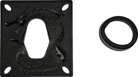 Detailed view of a dragon-themed tsuba and a guard ring, parts of Rugged Black Polypropylene Training Sword With Samurai Style Handle.