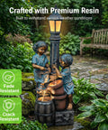 47-Inch Outdoor Water Fountain With 3-Tier Boy And Girl Resin Waterfall in garden setting, calming water sounds and warm LED lights