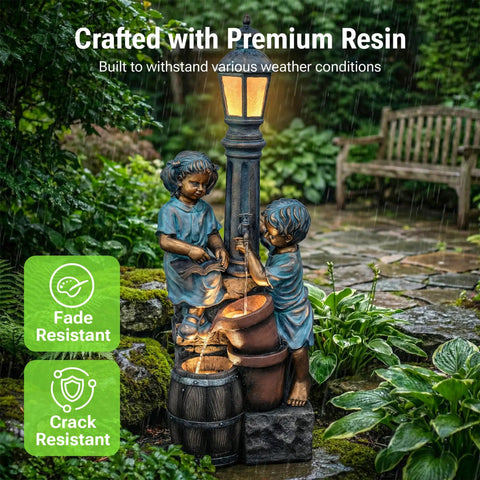 47-Inch Outdoor Water Fountain With 3-Tier Boy And Girl Resin Waterfall in garden setting, calming water sounds and warm LED lights