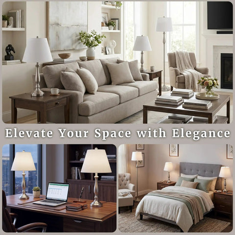 3-Piece Home Lighting Set With Two Table Lamps And One Floor Lamp In Silver Finish For Living Room, Bedroom, And Office Decor