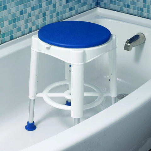 Bath Stool With Padded Rotating Seat And Blue Cushion, 360 Degree Swivel With 90 Degree Locks in a white bathtub scene