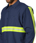 Men Heavy Duty High Visibility Work Shirt With Moisture Wicking Fabric And Bold Reflective Safety Strips Built Tough As Nails For The Daily Grind And All Day Comfort In Navy Yellow Green 3x Large close-up of reflective stripes and dual chest pockets.