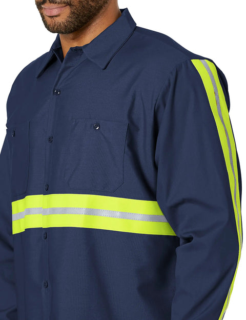 Men Heavy Duty High Visibility Work Shirt With Moisture Wicking Fabric And Bold Reflective Safety Strips Built Tough As Nails For The Daily Grind And All Day Comfort In Navy Yellow Green 3x Large close-up of reflective stripes and dual chest pockets.
