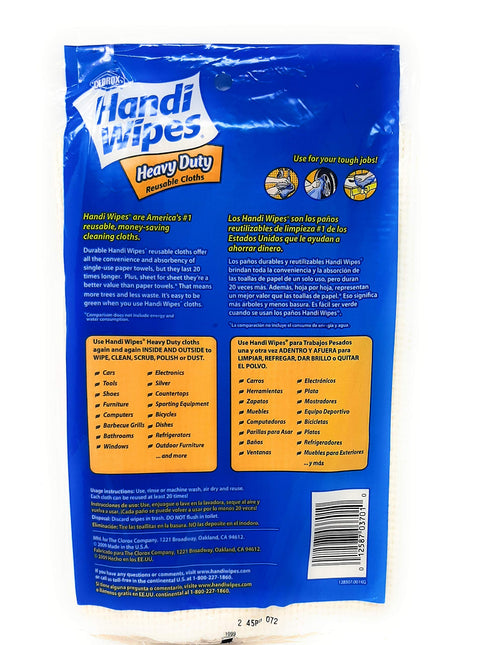 Back of packaging for Heavy Duty Reusable Cloths For Home And Auto Cleaning, featuring product information and instructions.