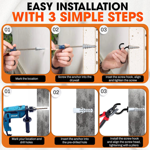 Easy installation of Heavy Duty Screw Hooks With Self Drilling Drywall Anchors Kit in 3 steps