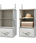 6 Shelf Hanging Closet Organizer With 3 Removable Fabric Drawers Space Saving Wardrobe Shelves For Clothes Toys And Accessories Must Have For Nursery And Dorm Storage Easy Access Clear View Silver Gray, two units with folded clothes and hat.